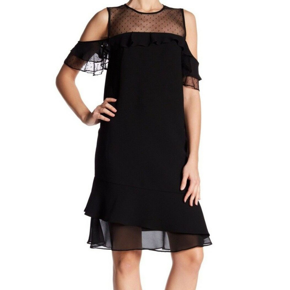 Nanette Cold Shoulder Swiss Dot Mesh Ruffle Dress - Picture 1 of 6